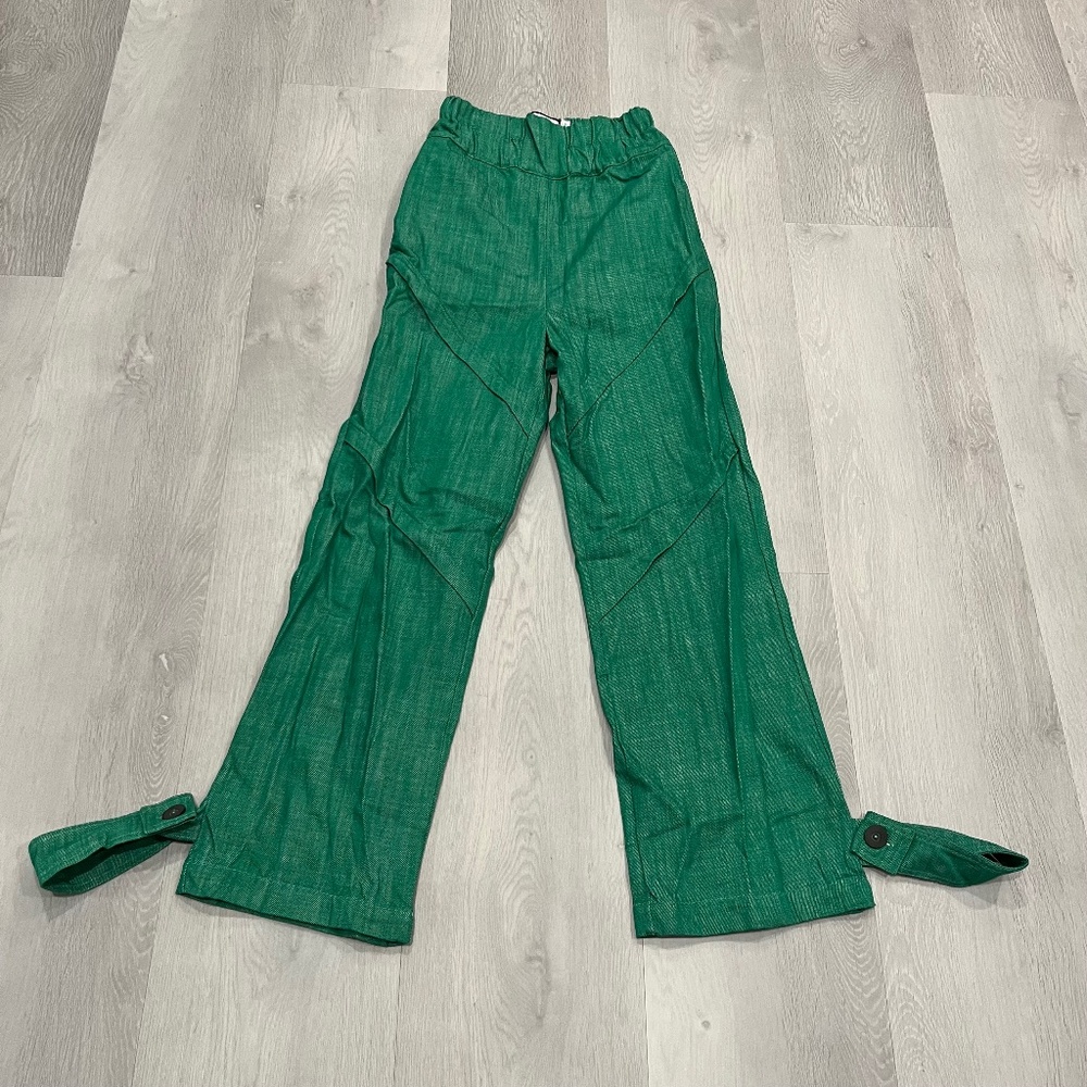 ADEPTT WOMENS PANTS KELLY GREEN WIDE LEG HIGH RISE RELAXED FIT SMALL